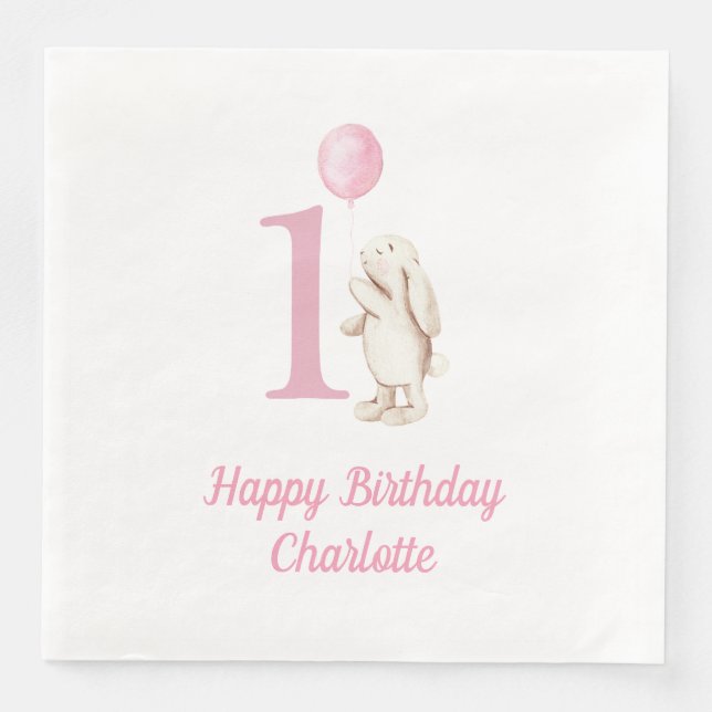 Bunny & Balloon Pink 1st Birthday Napkin (Front)