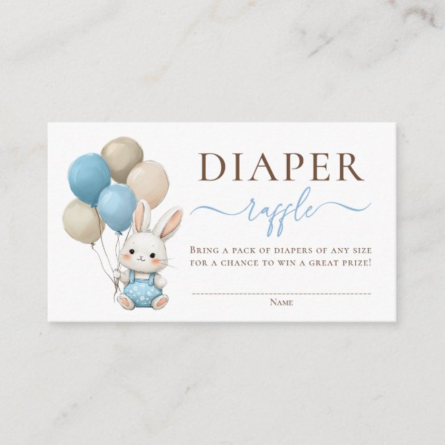 Bunny Balloons Blue Baby Boy Shower Diaper Raffle Enclosure Card (Front)