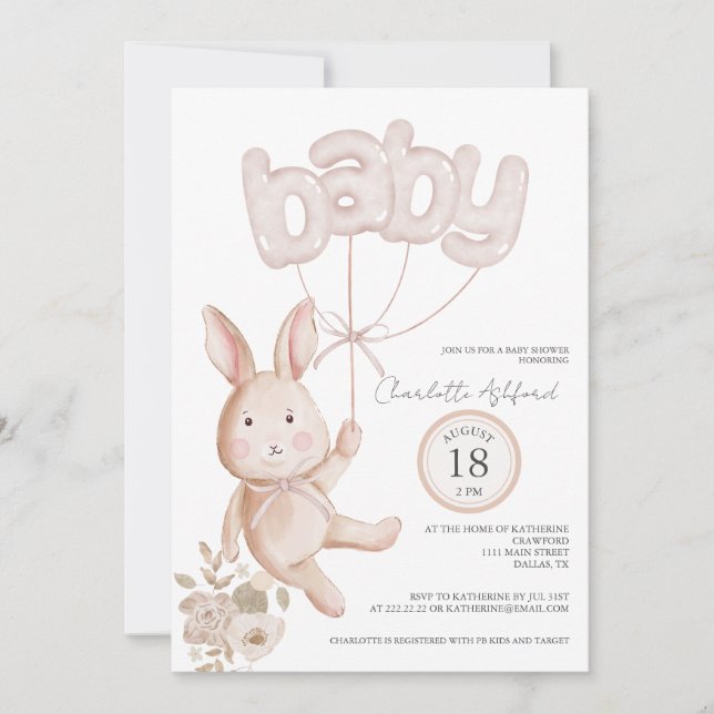 Bunny Balloons Watercolor Boho Neutral Baby Shower Invitation (Front)