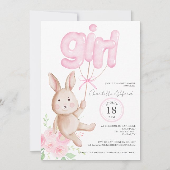 Bunny Balloons Watercolor Floral Girl Baby Shower Invitation (Front)