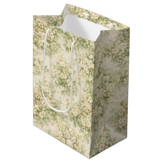 Bunny Bear Floral Garden Neutral Green Pattern Medium Gift Bag (Front Angled)