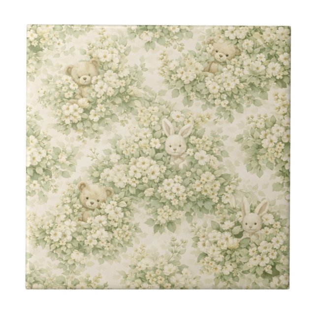 Bunny Bear Floral Garden Neutral Green Pattern Tile (Front)