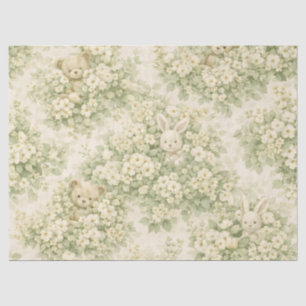 Bunny Bear Floral Garden Neutral Green Pattern Tissue Paper
