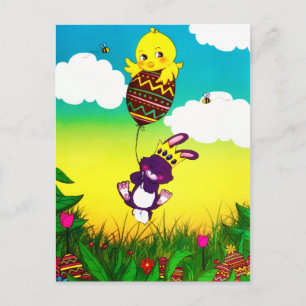 Bunny Bee Chicks Easter Egg Hunt Watercolor Postcard