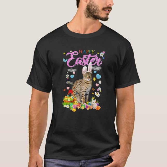 Bunny Bengal Cat Happy Easter Eggs T-Shirt (Front)