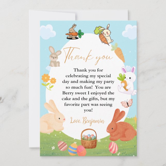  Bunny Birthday Easter Egg Hunt Thank you Card (Front)