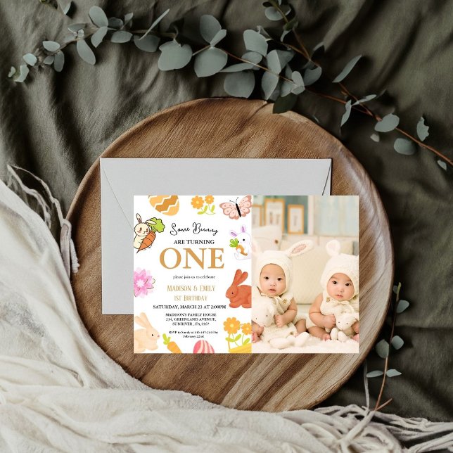 Bunny Birthday Easter Egg Twin 1st First Birthday Invitation (Creator Uploaded)
