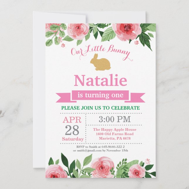 Bunny Birthday Girl Easter Egg 1st First Birthday Invitation (Front)