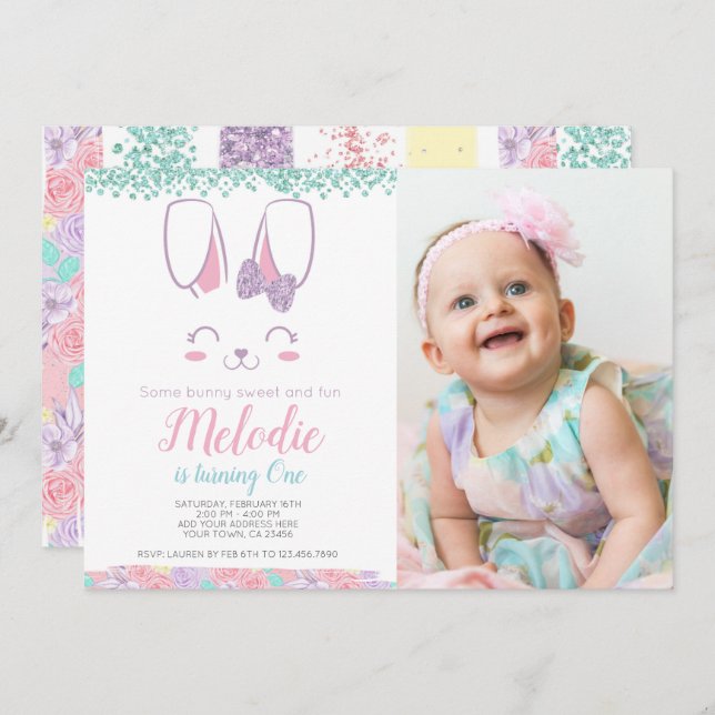 Bunny Birthday Invitation, Any age, 1st birthday Invitation (Front/Back)