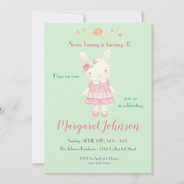 Bunny Birthday Invitation Pastel Girls Rabbit (Front)