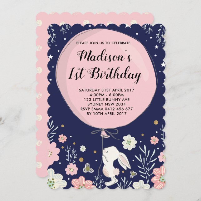 Bunny Birthday Invite Rabbit Navy Pink Twinkl Star (Front/Back)