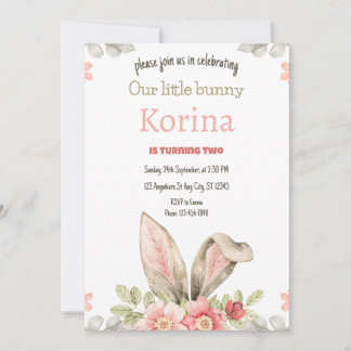 Bunny Birthday Party Invitation pink floral 