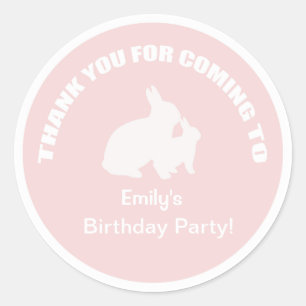Bunny birthday party thank you light pink sticker. classic round sticker