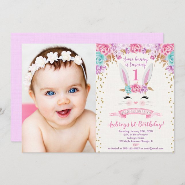 Bunny birthday photo invitation pink and gold 1st (Front/Back)