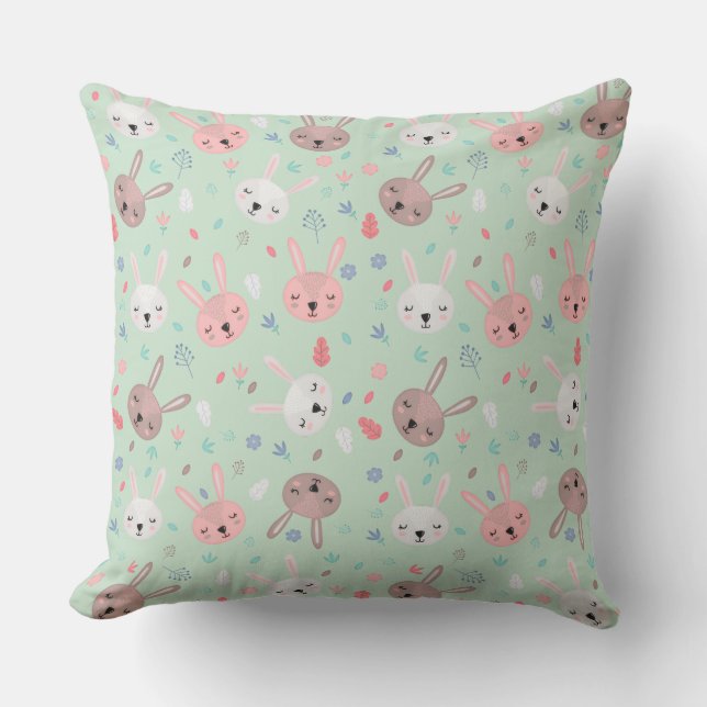 Bunny Bloom Garden Throw Pillow (Front)