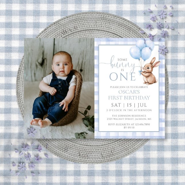 Bunny Blue Balloons Photo 1st Birthday Party Invitation (Bunny Blue Balloons Photo 1st Birthday Party Invitation)