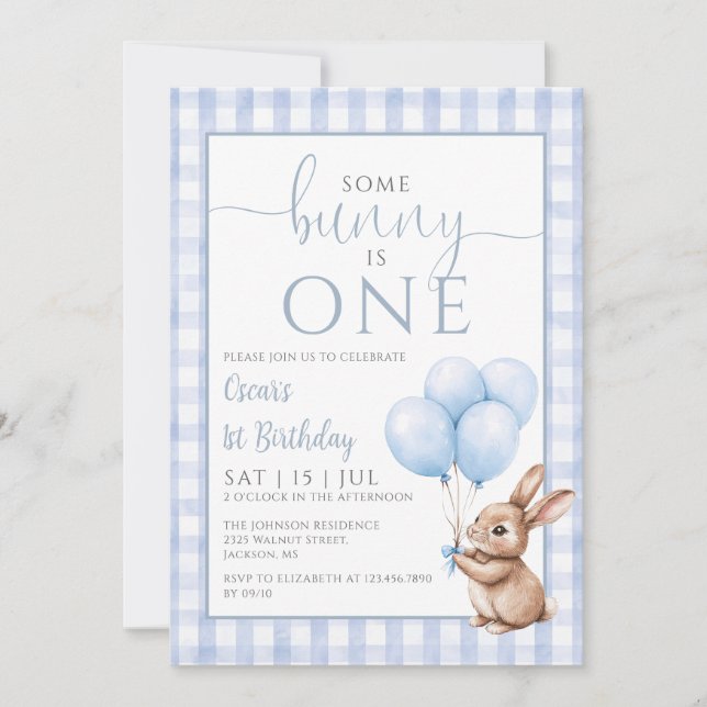 Bunny Blue Balloons Photo 1st Birthday Party Invitation (Front)