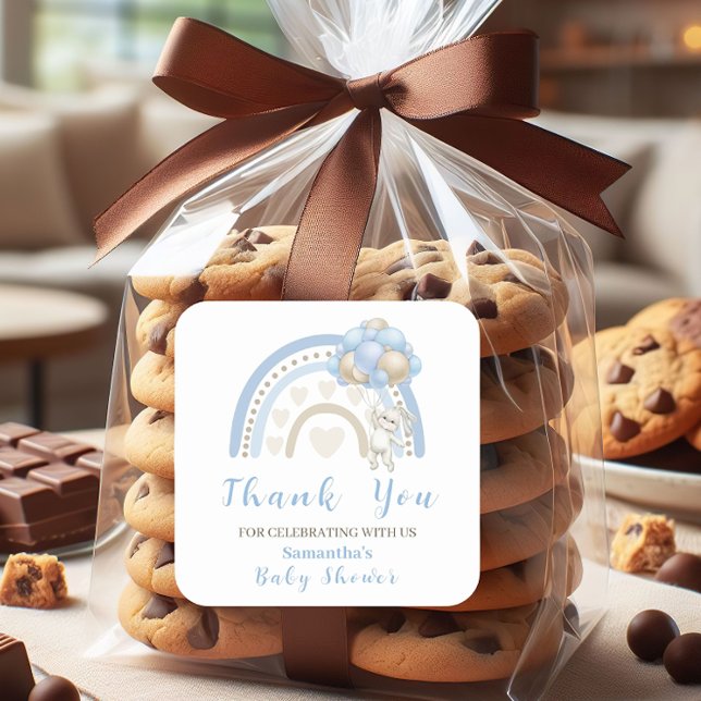 Bunny Blue Beige Balloon Baby Shower Thank You Square Sticker (Creator Uploaded)