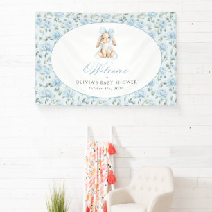 Bunny, Blue Bow, Blue Flowers, Baby Shower Welcome Banner