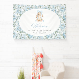Bunny, Blue Bow, Blue Flowers, Baby Shower Welcome Banner