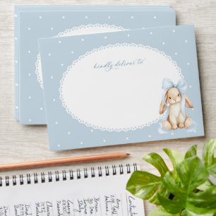 Bunny, Blue Bow, Blue Polka Dots, First Birthday Envelope