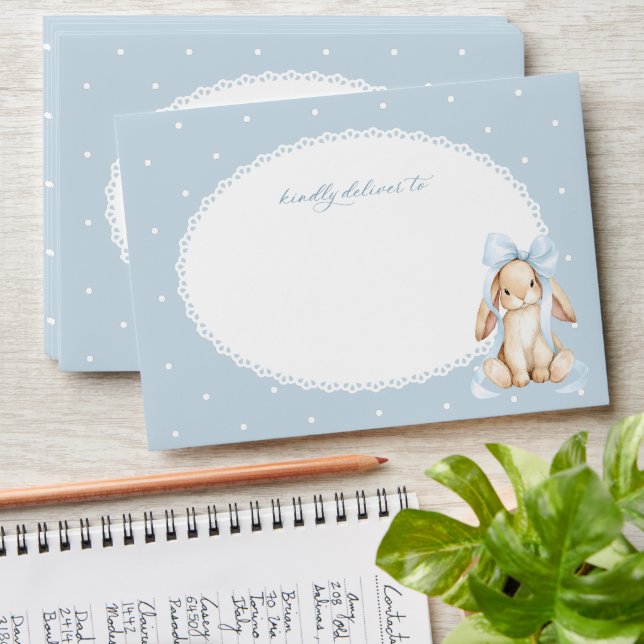 Bunny, Blue Bow, Blue Polka Dots, First Birthday Envelope (Stacked)