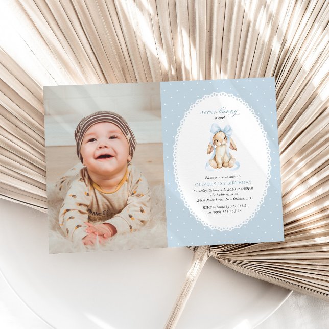 Bunny, Blue Bow, Blue Polka Dots, First Birthday Invitation (Creator Uploaded)