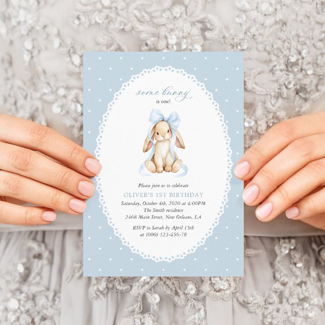 Bunny, Blue Bow, Blue Polka Dots, First Birthday Invitation (Creator Uploaded)