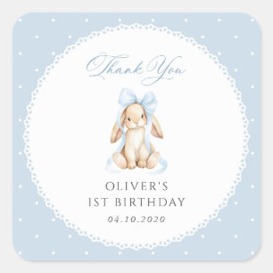 Bunny, Blue Bow, Blue Polka Dots, First Birthday Square Sticker