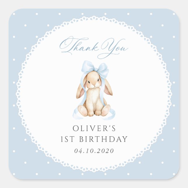 Bunny, Blue Bow, Blue Polka Dots, First Birthday Square Sticker (Front)