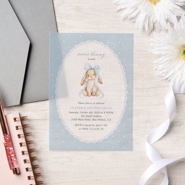 Bunny, Blue Bow, Blue Polka Dots, First Birthday Vellum Invitations (Wedding)