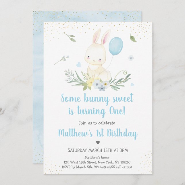 Bunny Blue Boy Greenery Birthday Invitation (Front/Back)