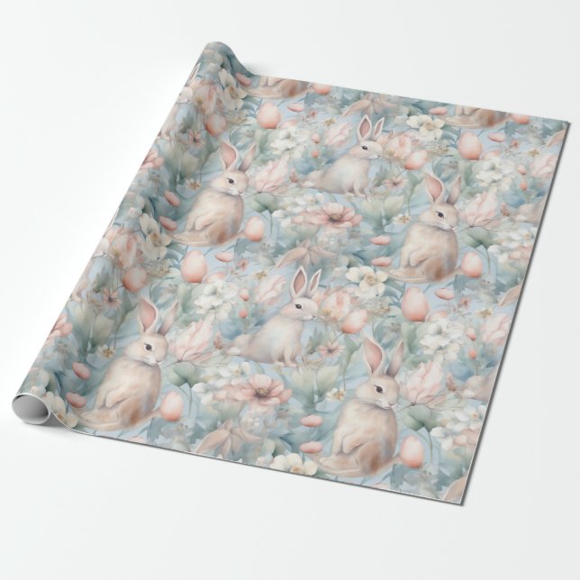 Bunny Blue Garden Wrapping Paper (Unrolled)