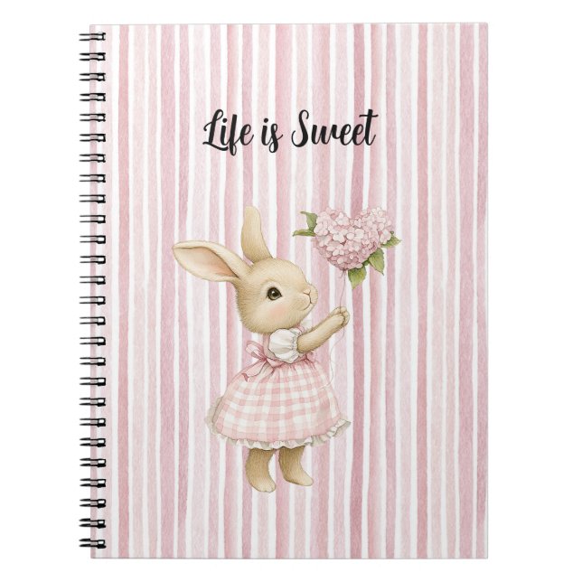 Bunny Blush Pink Heart Flowers Balloon Stripes Notebook (Front)