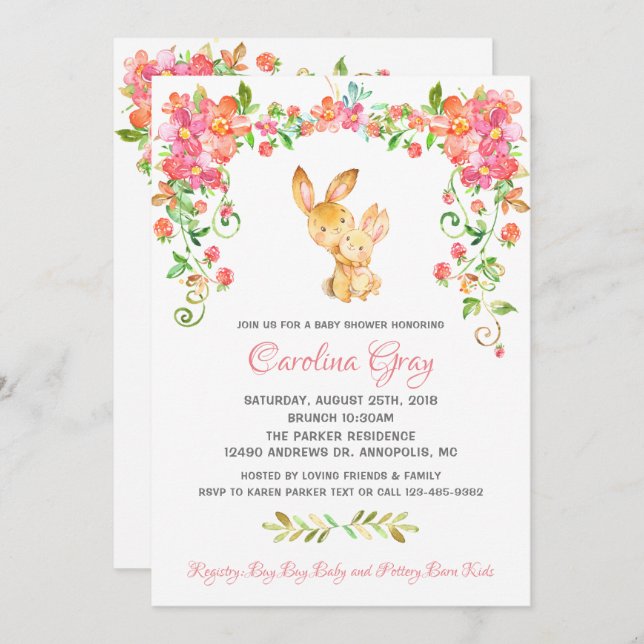 Bunny Boho Floral Invitation Pink Baby Shower (Front/Back)
