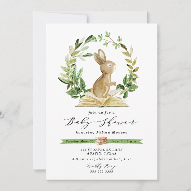 Bunny Book Themed Baby Shower Invitation Greenery (Front)