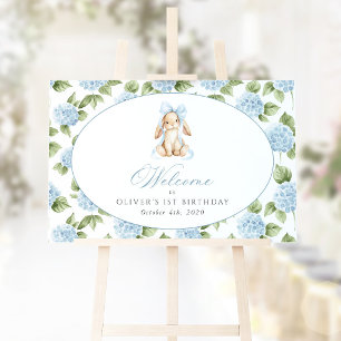 Bunny, Bow, Blue Flowers, First Birthday Welcome Poster