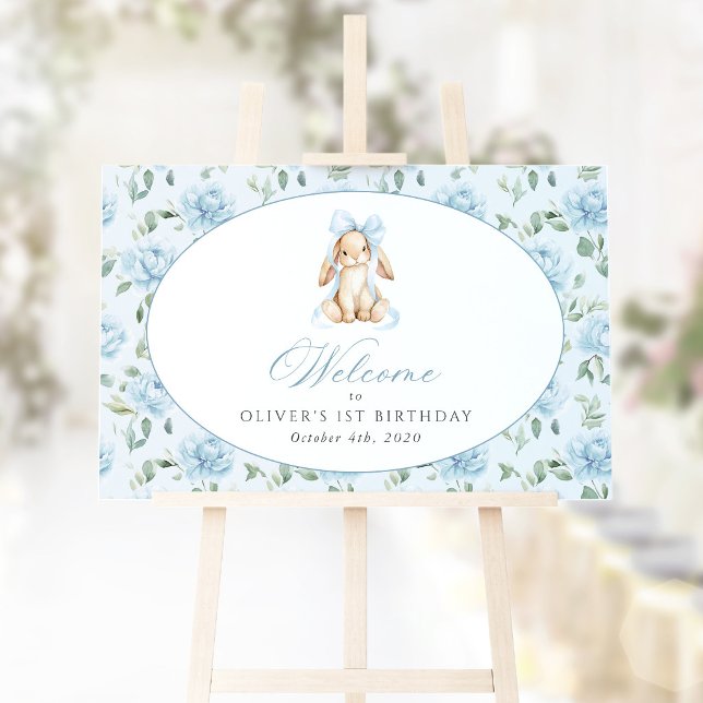Bunny, Bow, Blue Flowers, First Birthday Welcome Poster (Creator Uploaded)