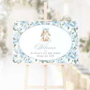 Bunny, Bow, Blue Flowers, First Birthday Welcome Poster