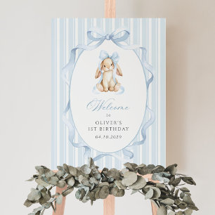 Bunny, Bow, Blue Stripes, First Birthday Welcome Poster