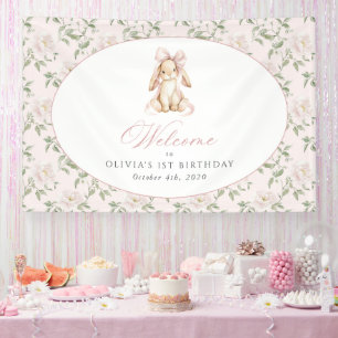 Bunny, Bow, Pink Flowers, First Birthday Welcome Banner