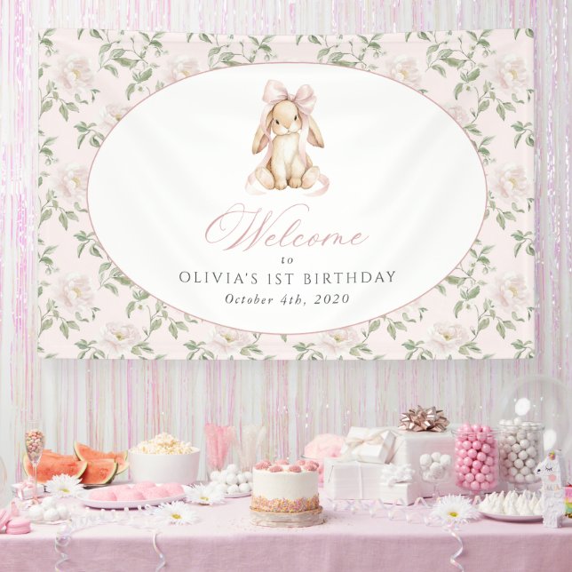 Bunny, Bow, Pink Flowers, First Birthday Welcome Banner (Party)