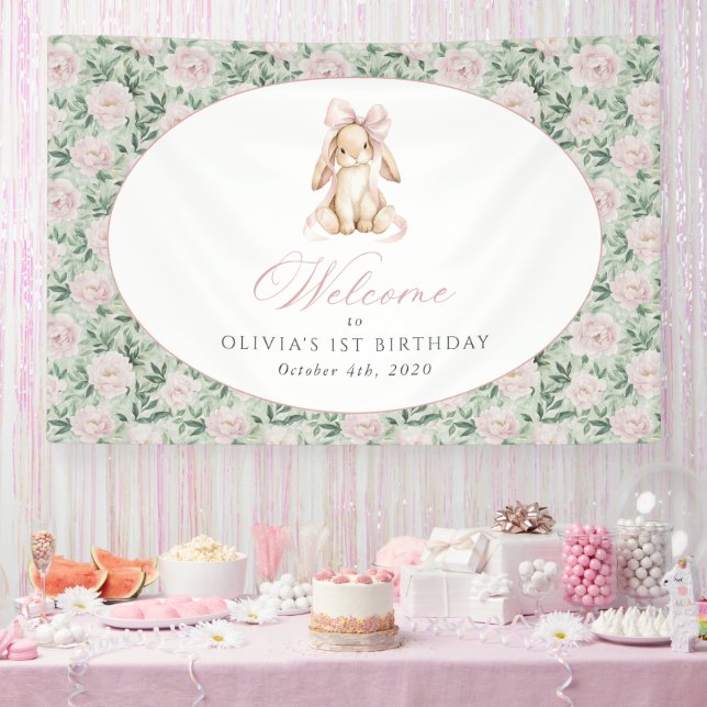 Bunny, Bow, Pink Flowers, First Birthday Welcome Banner (Party)