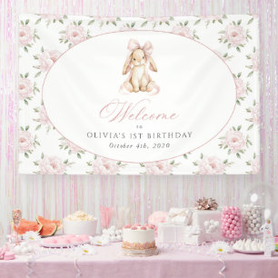 Bunny, Bow, Pink Flowers, First Birthday Welcome Banner
