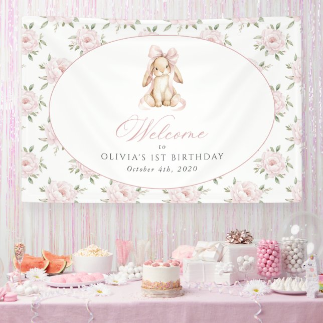 Bunny, Bow, Pink Flowers, First Birthday Welcome Banner (Party)
