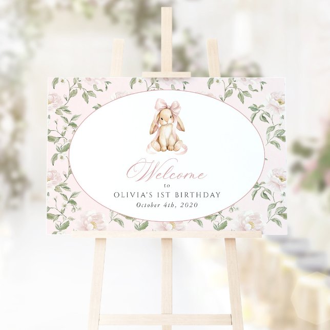 Bunny, Bow, Pink Flowers, First Birthday Welcome Poster (Creator Uploaded)