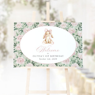 Bunny, Bow, Pink Flowers, First Birthday Welcome Poster