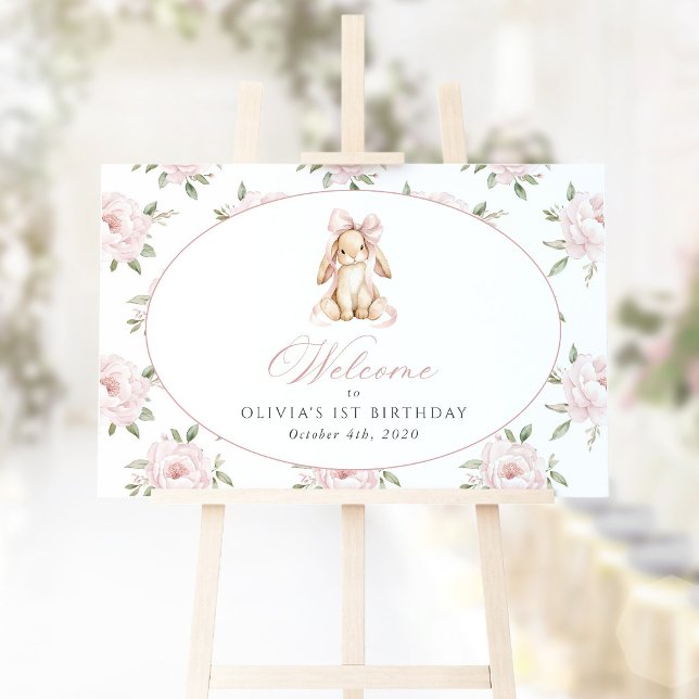 Bunny, Bow, Pink Flowers, First Birthday Welcome Poster (Creator Uploaded)