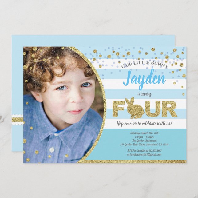 Bunny boy 4th birthday photo invitation in blue (Front/Back)