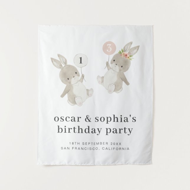 Bunny Boy Girl Joint Birthday Invitation Tapestry (Front)